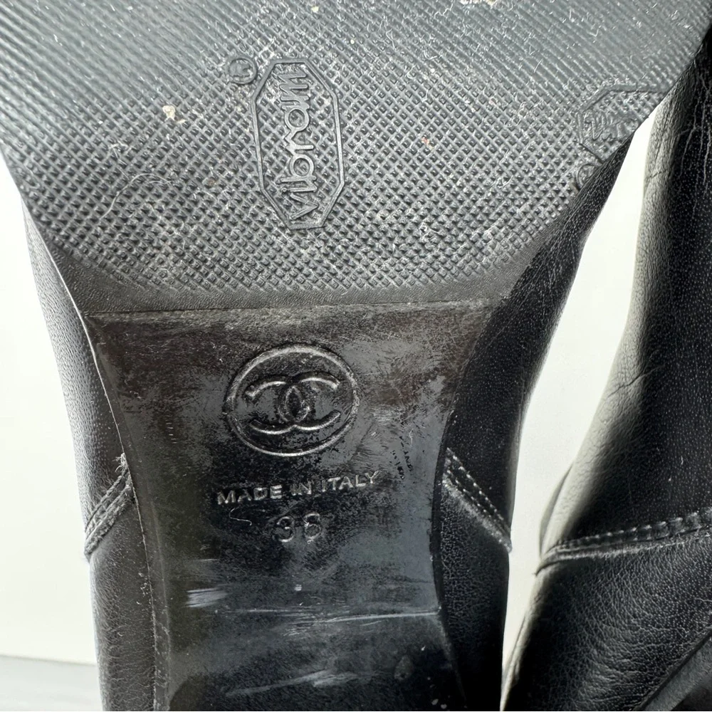 CHANEL Black Leather CC Logo Ankle Booties Block Heel Size 38